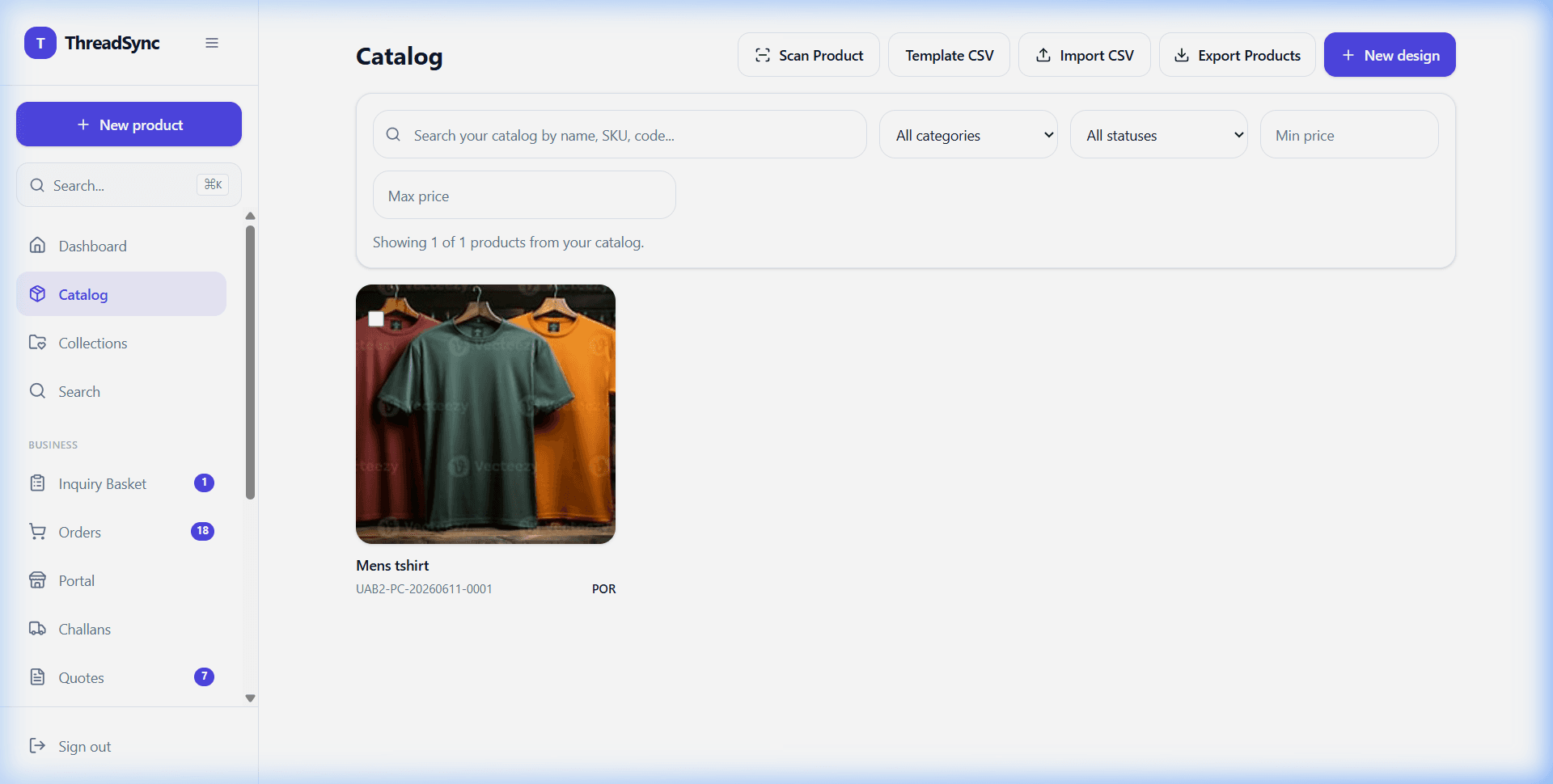 ThreadSync catalog showing product grid with filters