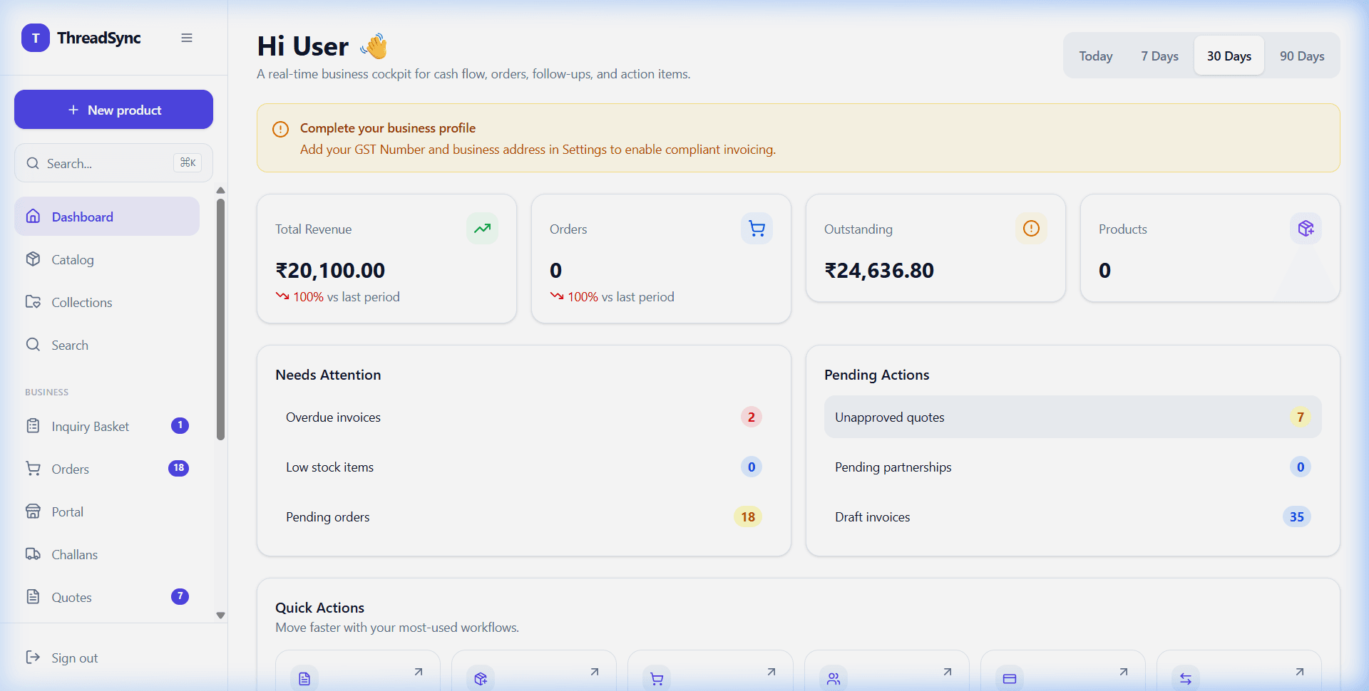 ThreadSync dashboard showing revenue, outstanding payments, and business metrics