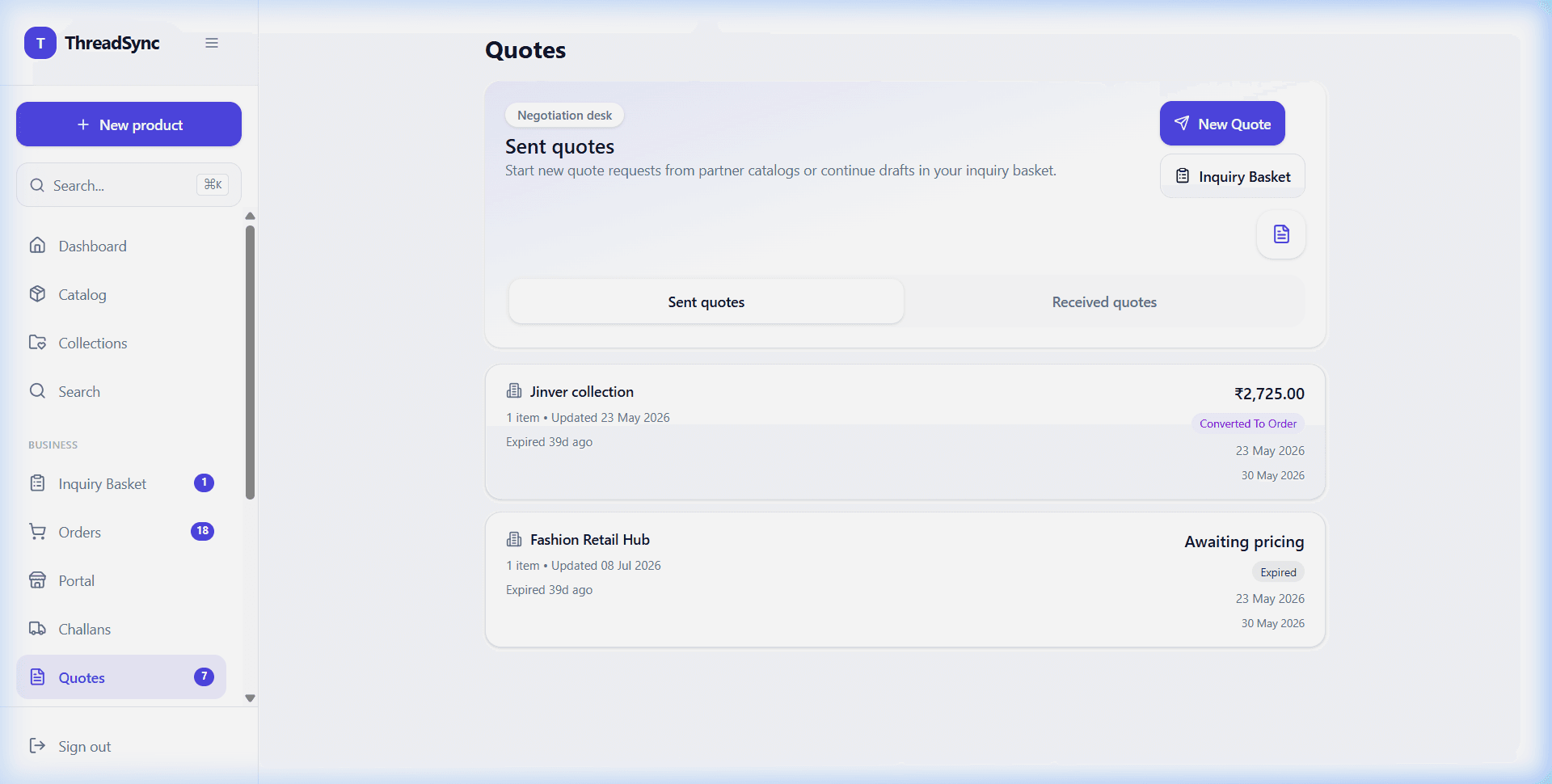 ThreadSync quotes and invoicing screen