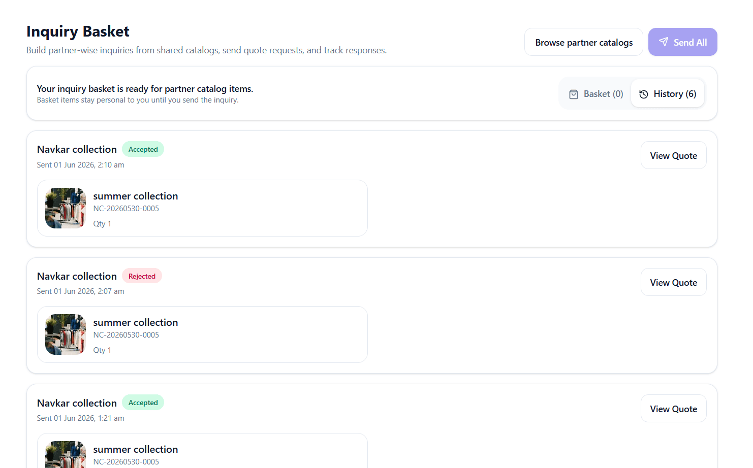ThreadSync inquiry basket interface
